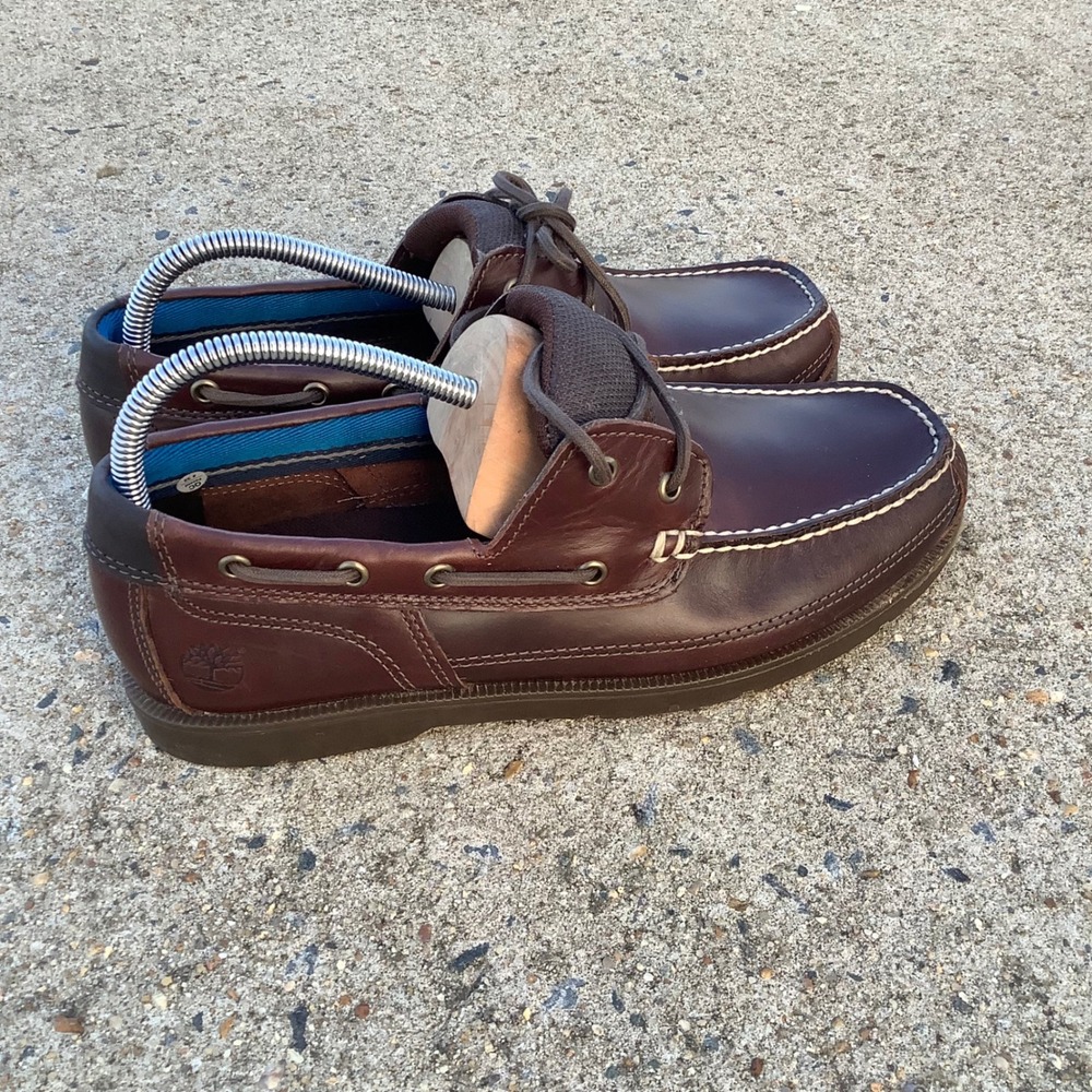 Timberland Mens Dark Brown Leather Boat Shoes A19ZR Moc Toe Loafers Size 9W